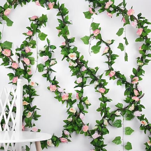 Musdoney 4Pcs 32.2 FT Fake Rose Vine Flowers Plants Artificial Flower Garland Hanging Rose Ivy Home Hotel Office Wedding Party Garden Craft Art Decor (Pink) in Saudi Arabia