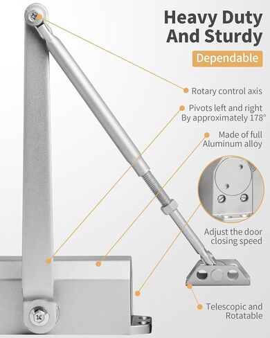 Heavy Duty Commercial Door Closer - Hydraulic Buffer, Durable, Positioning Feature, Aluminum Alloy Material (Silver Large) in Kuwait