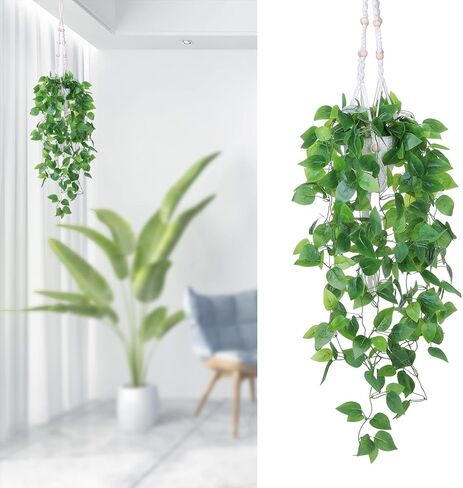 الملك ما وهمية النباتات المعلقة ديكور مع وعاء، 2PCS 3.3ft النباتات الاصطناعية للمنزل داخلي شماعات نبات مكرامية مع الكروم وهمية اللبلاب والسنانير لغرفة النوم الحمام جدار ديكور الزفاف in Kuwait