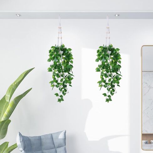 الملك ما وهمية النباتات المعلقة ديكور مع وعاء، 2PCS 3.3ft النباتات الاصطناعية للمنزل داخلي شماعات نبات مكرامية مع الكروم وهمية اللبلاب والسنانير لغرفة النوم الحمام جدار ديكور الزفاف in Kuwait