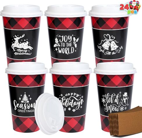 JOYIN 24 Pcs 16 oz Christmas Disposable Cups with Lids and Coffee Cup Sleeves for Xmas Holiday Table Decorations, Hot Chocolate Cold Beverage Party Supplies in Kuwait