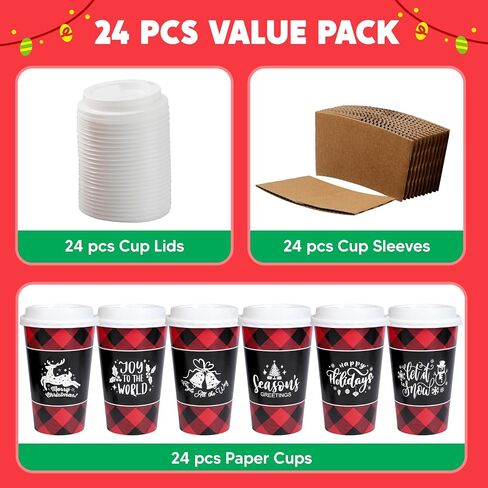 JOYIN 24 Pcs 16 oz Christmas Disposable Cups with Lids and Coffee Cup Sleeves for Xmas Holiday Table Decorations, Hot Chocolate Cold Beverage Party Supplies in Kuwait