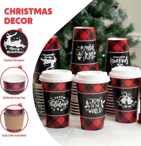 JOYIN 24 Pcs 16 oz Christmas Disposable Cups with Lids and Coffee Cup Sleeves for Xmas Holiday Table Decorations, Hot Chocolate Cold Beverage Party Supplies in Kuwait