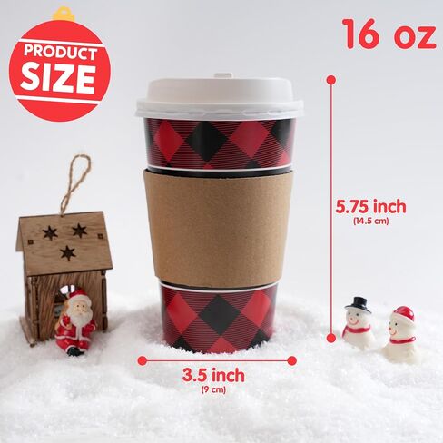 JOYIN 24 Pcs 16 oz Christmas Disposable Cups with Lids and Coffee Cup Sleeves for Xmas Holiday Table Decorations, Hot Chocolate Cold Beverage Party Supplies in Kuwait