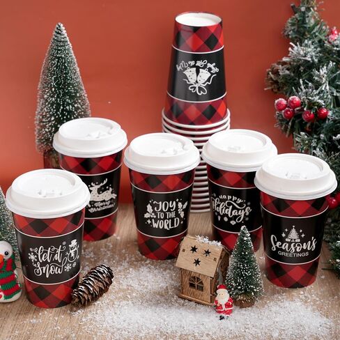 JOYIN 24 Pcs 16 oz Christmas Disposable Cups with Lids and Coffee Cup Sleeves for Xmas Holiday Table Decorations, Hot Chocolate Cold Beverage Party Supplies in Kuwait