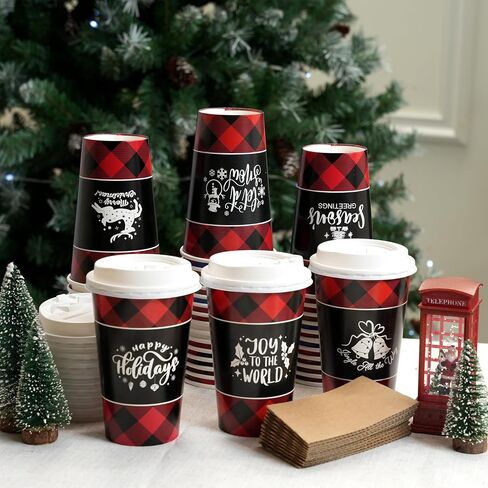 JOYIN 24 Pcs 16 oz Christmas Disposable Cups with Lids and Coffee Cup Sleeves for Xmas Holiday Table Decorations, Hot Chocolate Cold Beverage Party Supplies in Kuwait