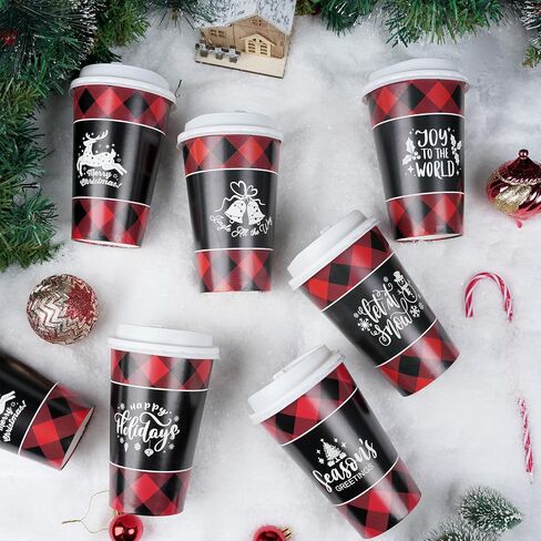 JOYIN 24 Pcs 16 oz Christmas Disposable Cups with Lids and Coffee Cup Sleeves for Xmas Holiday Table Decorations, Hot Chocolate Cold Beverage Party Supplies in Kuwait