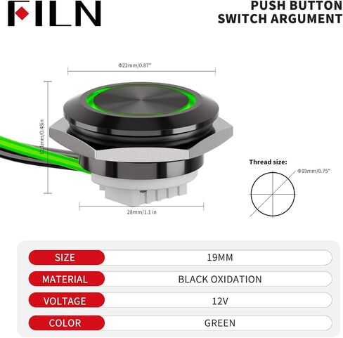 1 Pcs 19MM (3/4'') Momentary Pushbutton Switch Metal Stainless Steel Auto Reset Slim Waterproof Strip LED Strip Wiring Terminal (12~24V Green) in Kuwait
