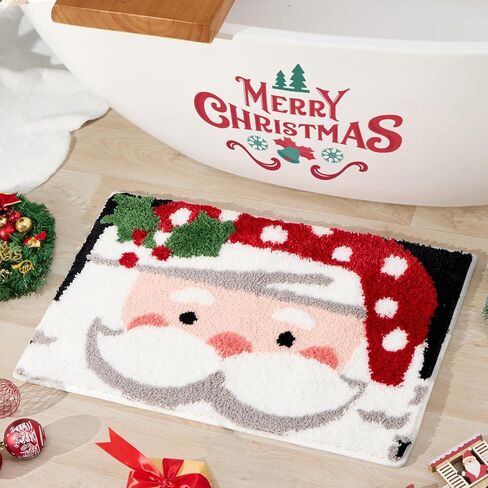 ORTIGIA Christmas Bathroom Rugs Santa Claus Cute Plush Bath Rugs Red White Bath Mat Non Slip Water Absorbent Washable Shower Rug for Christmas Bathroom Bedroom Decor 32x20 inch in Saudi Arabia