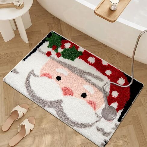 ORTIGIA Christmas Bathroom Rugs Santa Claus Cute Plush Bath Rugs Red White Bath Mat Non Slip Water Absorbent Washable Shower Rug for Christmas Bathroom Bedroom Decor 32x20 inch in Saudi Arabia