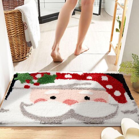 ORTIGIA Christmas Bathroom Rugs Santa Claus Cute Plush Bath Rugs Red White Bath Mat Non Slip Water Absorbent Washable Shower Rug for Christmas Bathroom Bedroom Decor 32x20 inch in Saudi Arabia
