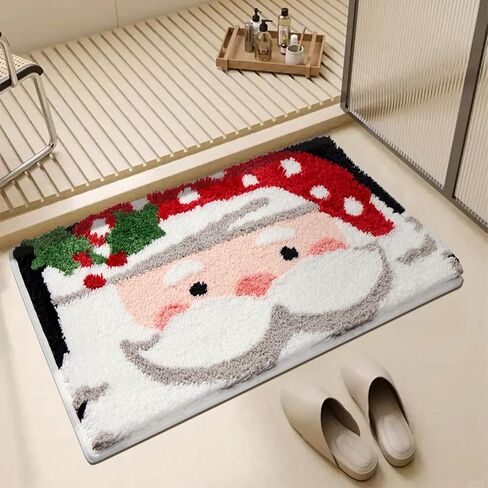 ORTIGIA Christmas Bathroom Rugs Santa Claus Cute Plush Bath Rugs Red White Bath Mat Non Slip Water Absorbent Washable Shower Rug for Christmas Bathroom Bedroom Decor 32x20 inch in Saudi Arabia