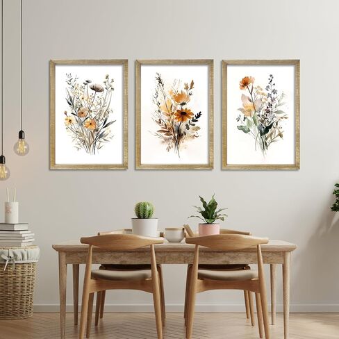 Set Of 3 Neutral Watercolor Wildflower Prints Wall Art Decor 16x24 Inch Floral Vintage Office Boho Botanical Sign Wooden Frame Modren Flower Bedroom Living Room Abstract Wall Hanging (Wood) in Saudi Arabia