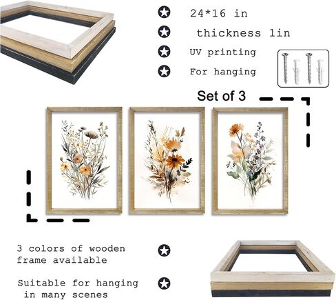 Set Of 3 Neutral Watercolor Wildflower Prints Wall Art Decor 16x24 Inch Floral Vintage Office Boho Botanical Sign Wooden Frame Modren Flower Bedroom Living Room Abstract Wall Hanging (Wood) in Saudi Arabia