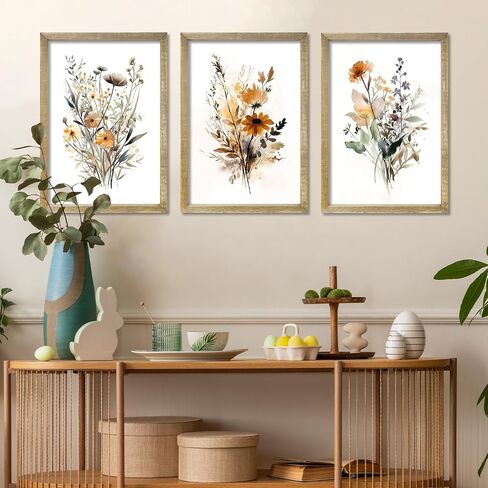 Set Of 3 Neutral Watercolor Wildflower Prints Wall Art Decor 16x24 Inch Floral Vintage Office Boho Botanical Sign Wooden Frame Modren Flower Bedroom Living Room Abstract Wall Hanging (Wood) in Saudi Arabia