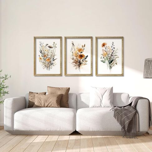Set Of 3 Neutral Watercolor Wildflower Prints Wall Art Decor 16x24 Inch Floral Vintage Office Boho Botanical Sign Wooden Frame Modren Flower Bedroom Living Room Abstract Wall Hanging (Wood) in Saudi Arabia