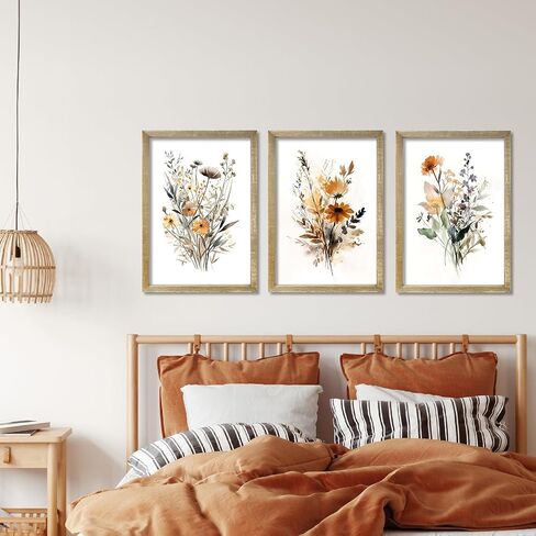 Set Of 3 Neutral Watercolor Wildflower Prints Wall Art Decor 16x24 Inch Floral Vintage Office Boho Botanical Sign Wooden Frame Modren Flower Bedroom Living Room Abstract Wall Hanging (Wood) in Saudi Arabia