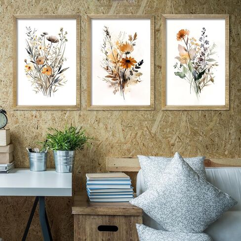 Set Of 3 Neutral Watercolor Wildflower Prints Wall Art Decor 16x24 Inch Floral Vintage Office Boho Botanical Sign Wooden Frame Modren Flower Bedroom Living Room Abstract Wall Hanging (Wood) in Saudi Arabia