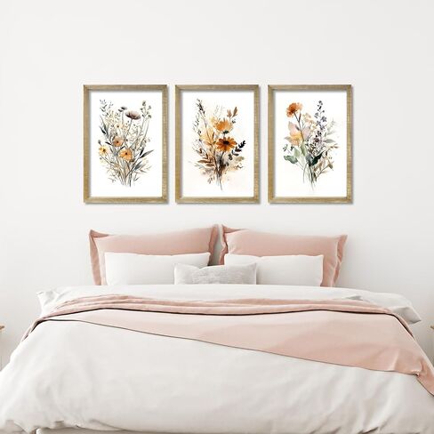 Set Of 3 Neutral Watercolor Wildflower Prints Wall Art Decor 16x24 Inch Floral Vintage Office Boho Botanical Sign Wooden Frame Modren Flower Bedroom Living Room Abstract Wall Hanging (Wood) in Saudi Arabia