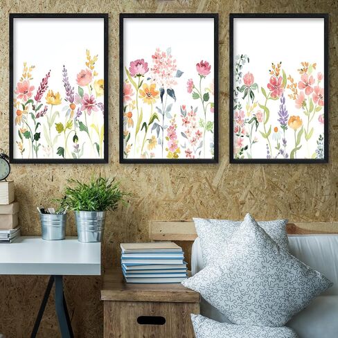 Set Of 3 Neutral Watercolor Wildflower Prints Wall Art Decor 16x24 Inch Floral Vintage Office Boho Botanical Sign Wooden Frame Modren Flower Bedroom Living Room Abstract Wall Hanging (Wood) in Saudi Arabia