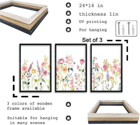 Set Of 3 Neutral Watercolor Wildflower Prints Wall Art Decor 16x24 Inch Floral Vintage Office Boho Botanical Sign Wooden Frame Modren Flower Bedroom Living Room Abstract Wall Hanging (Wood) in Saudi Arabia