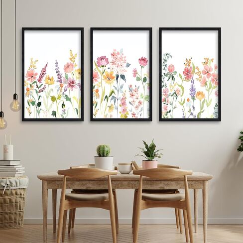 Set Of 3 Neutral Watercolor Wildflower Prints Wall Art Decor 16x24 Inch Floral Vintage Office Boho Botanical Sign Wooden Frame Modren Flower Bedroom Living Room Abstract Wall Hanging (Wood) in Saudi Arabia