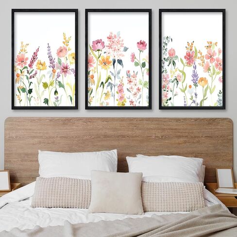 Set Of 3 Neutral Watercolor Wildflower Prints Wall Art Decor 16x24 Inch Floral Vintage Office Boho Botanical Sign Wooden Frame Modren Flower Bedroom Living Room Abstract Wall Hanging (Wood) in Saudi Arabia