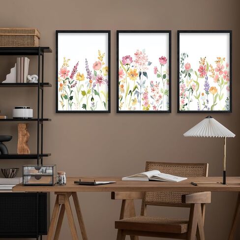 Set Of 3 Neutral Watercolor Wildflower Prints Wall Art Decor 16x24 Inch Floral Vintage Office Boho Botanical Sign Wooden Frame Modren Flower Bedroom Living Room Abstract Wall Hanging (Wood) in Saudi Arabia