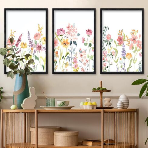 Set Of 3 Neutral Watercolor Wildflower Prints Wall Art Decor 16x24 Inch Floral Vintage Office Boho Botanical Sign Wooden Frame Modren Flower Bedroom Living Room Abstract Wall Hanging (Wood) in Saudi Arabia