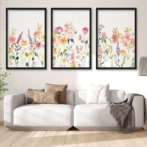 Set Of 3 Neutral Watercolor Wildflower Prints Wall Art Decor 16x24 Inch Floral Vintage Office Boho Botanical Sign Wooden Frame Modren Flower Bedroom Living Room Abstract Wall Hanging (Wood) in Saudi Arabia