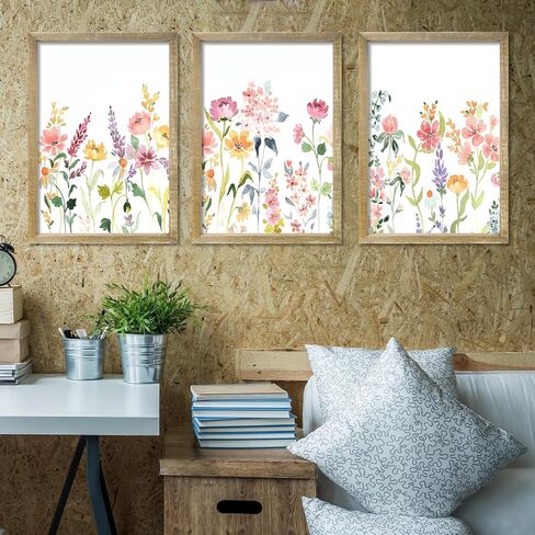 Set Of 3 Neutral Watercolor Wildflower Prints Wall Art Decor 16x24 Inch Floral Vintage Office Boho Botanical Sign Wooden Frame Modren Flower Bedroom Living Room Abstract Wall Hanging (Wood) in Saudi Arabia