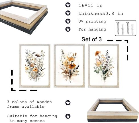مجموعة من 3 مطبوعات زهور برية بألوان مائية محايدة لتزيين الحائط مقاس 16 × 24 بوصة زهور عتيقة للمكتب بوهو النباتية إطار خشبي حديث زهرة غرفة النوم وغرفة المعيشة مجردة للتعليق على الحائط (الخشب) in Kuwait