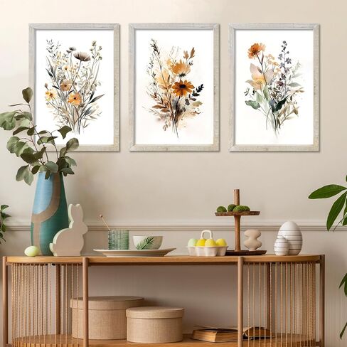 مجموعة من 3 مطبوعات زهور برية بألوان مائية محايدة لتزيين الحائط مقاس 16 × 24 بوصة زهور عتيقة للمكتب بوهو النباتية إطار خشبي حديث زهرة غرفة النوم وغرفة المعيشة مجردة للتعليق على الحائط (الخشب) in Kuwait