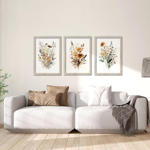 مجموعة من 3 مطبوعات زهور برية بألوان مائية محايدة لتزيين الحائط مقاس 16 × 24 بوصة زهور عتيقة للمكتب بوهو النباتية إطار خشبي حديث زهرة غرفة النوم وغرفة المعيشة مجردة للتعليق على الحائط (الخشب) in Kuwait