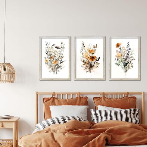 مجموعة من 3 مطبوعات زهور برية بألوان مائية محايدة لتزيين الحائط مقاس 16 × 24 بوصة زهور عتيقة للمكتب بوهو النباتية إطار خشبي حديث زهرة غرفة النوم وغرفة المعيشة مجردة للتعليق على الحائط (الخشب) in Kuwait