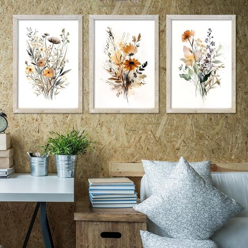 مجموعة من 3 مطبوعات زهور برية بألوان مائية محايدة لتزيين الحائط مقاس 16 × 24 بوصة زهور عتيقة للمكتب بوهو النباتية إطار خشبي حديث زهرة غرفة النوم وغرفة المعيشة مجردة للتعليق على الحائط (الخشب) in Kuwait