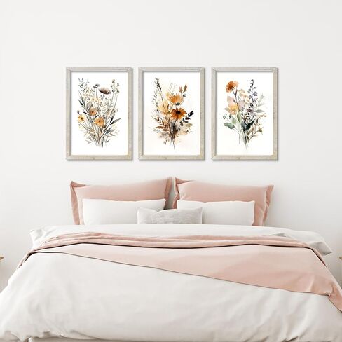 مجموعة من 3 مطبوعات زهور برية بألوان مائية محايدة لتزيين الحائط مقاس 16 × 24 بوصة زهور عتيقة للمكتب بوهو النباتية إطار خشبي حديث زهرة غرفة النوم وغرفة المعيشة مجردة للتعليق على الحائط (الخشب) in Kuwait