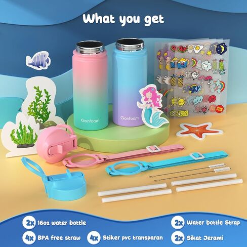 Kids Water Bottle, 16oz Kids Water Bottle with Stickers for School, insulated Stainless Steel Straw Cup(Blue/Gray) in Saudi Arabia