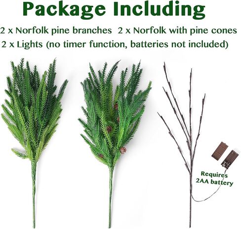 Xmas Norfolk Pine Branches, 4PCS Artificial Christmas Greenery Stems and 2PCS Willow Lights for Crafts, Holiday and Home Centerpiece Table Decorations in Saudi Arabia