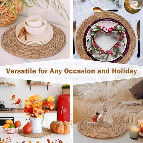 GENMOUS Woven Placemats Set of 10, 12" Round Placemats Natural Water Hyacinth Boho Placemats,Farmhouse Rattan Chargers for Dinner Plates, Rustic Braided Wicker Table Mats for Thanksgiving,Home,Wedding in Saudi Arabia