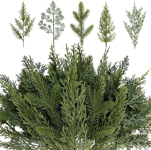40 Pcs Christmas Artificial Pine Branches, 5 Styles Artificial Pine Branches Faux Leaves Needle Plastic Pine Sprigs Fake Greenery Pick for Christmas Wreaths DIY Craft Holiday Home Decor (40, Green) in Kuwait