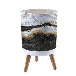 Abstract marbling Black and White Marble with Golden Veins Fake Trash Can with Lid Small Garbage Bin Wood Waste Bin Press Cover Round Wastebasket for Bathroom Bedroom Kitchen 7L/1.8 Gallon