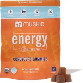 Mushie Organic Cordyceps Mushroom Gummies - 60 Gummies, 2000mg Cordyceps per Serving - Energy, Stress and Immunity Support with Vitamin D - Natural, Vegan, Gluten-Free Vitamins and Supplements