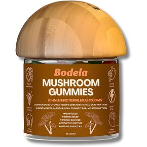 Bodela Functional Mushroom Gummies, 10 Varieties, Fruit Flavors, 30 Servings per Bottle, Supports Focus, Memory, Immunity & Gut Health