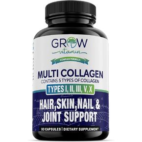 grow vitamin Multi Collagen Capsules, 1800MG (Types I, II, III, V & X) - Non-GMO, Grass Fed Collagen - Anti Aging Support for Hair, Skin, Nails - Protein Pills for Joint Support - 90 Capsules