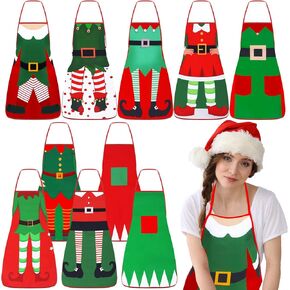 Toulite 10 Pcs Christmas Apron Cute Kitchen Cooking Aprons BBQ Bib Funny Chef Apron with Adjustable Neck Strap for Women (Green and Red,Elf)