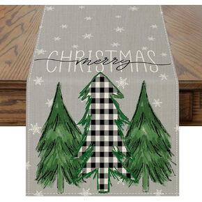 Merry Christmas Table Runner Buffalo Plaid Tree Snowflake Table Runner Winter Farmhouse Seasonal Xmas Holiday Kitchen Dining Table Decoration for Indoor Outdoor Home Party Decor 13 x 72 Inch