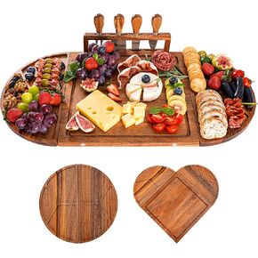 Easoger Large Charcuterie Boards Gift Set - 4 Knives, 3 Part Long & Round Magnetic Cheese Boards - Acacia Wood Grazing Board for Bridal Shower, House warming Gifts New Home, Wedding Gifts for Couple in Saudi Arabia