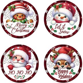 HOURIA 4PCS Christmas Wall Decorations Indoor, Merry Christmas Buffalo Plaid Wooden Hanging Wall Decor,10" Reindeer Gingerbread Man Snowman Sign,Xmas Holidays Wreath Sign for Living Room Bedroom
