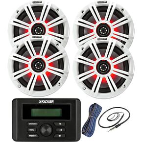 Kicker Weather-Resistant Marine Bluetooth USB RCA Stereo Receiver Bundle Combo with 2 Pair (Qty 4) 6.5" 2-Way 195W Max Coaxial Marine LED Speakers w/Charcoal Grilles, 50-Ft 16-Gauge Wire, Antenna